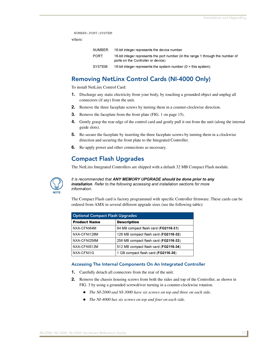 AMX NXI-x000 Series manual Removing NetLinx Control Cards NI-4000 Only, Optional Compact Flash Upgrades 