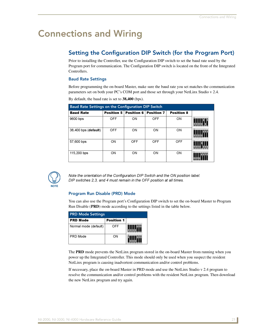 AMX NXI-x000 Series manual Setting the Configuration DIP Switch for the Program Port, Baud Rate Settings, PRD Mode Settings 