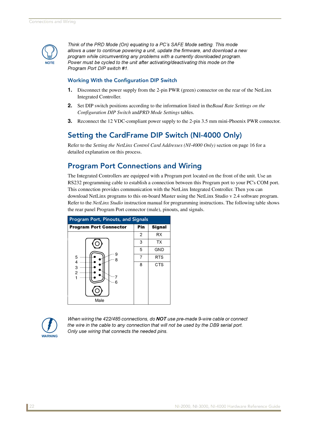 AMX NXI-x000 Series manual Setting the CardFrame DIP Switch NI-4000 Only, Program Port Connections and Wiring 