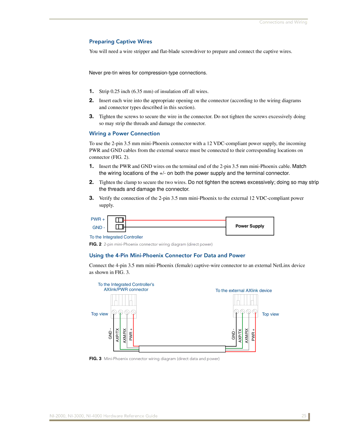 AMX NXI-x000 Series manual Preparing Captive Wires, Wiring a Power Connection 