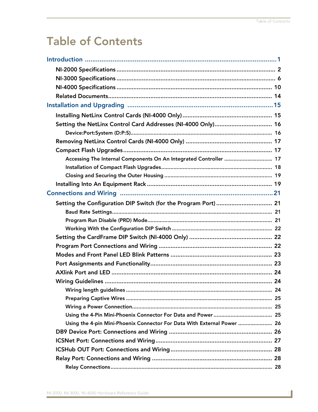 AMX NXI-x000 Series manual Table of Contents 