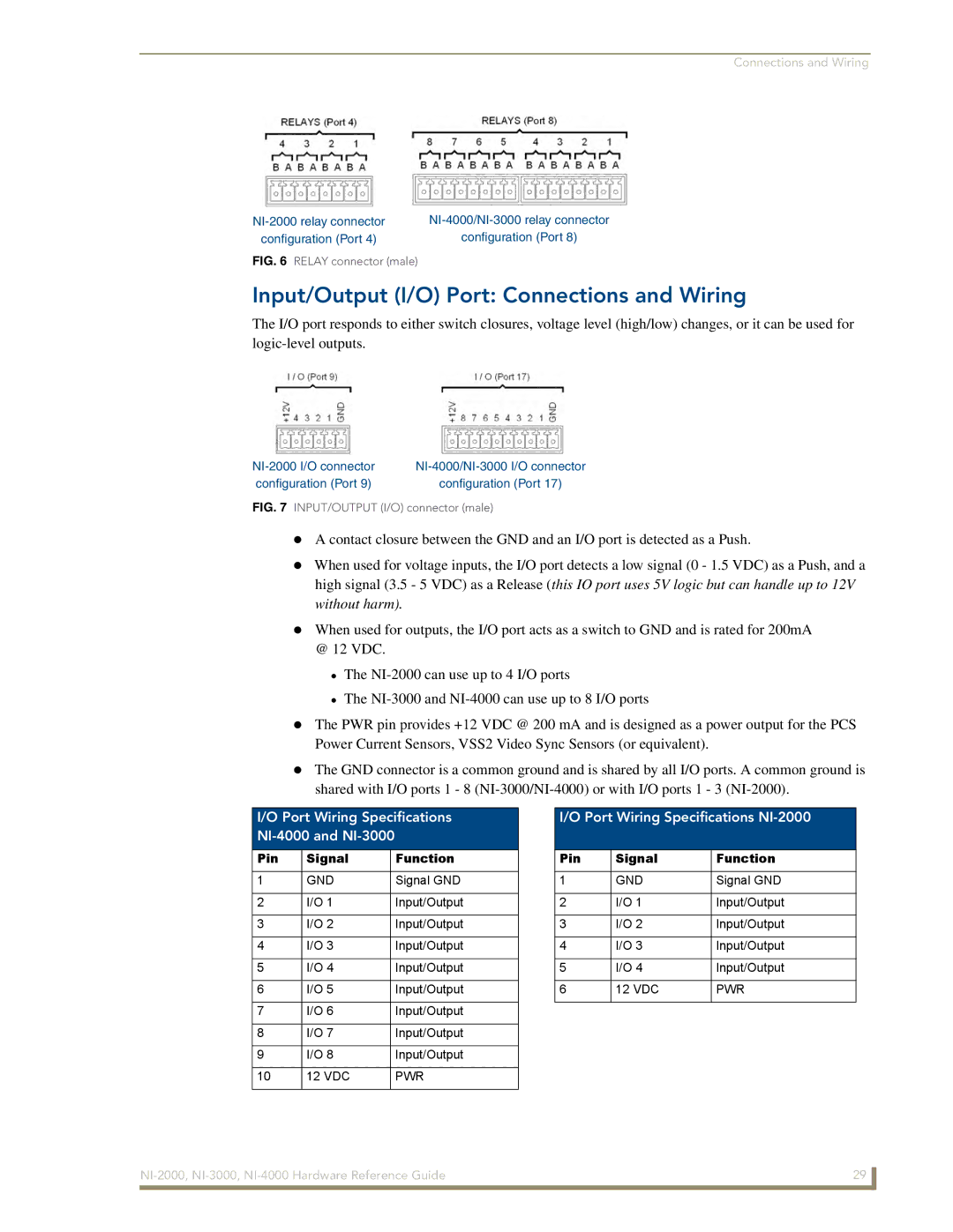 AMX NXI-x000 Series manual Input/Output I/O Port Connections and Wiring, Port Wiring Specifications NI-4000 and NI-3000 