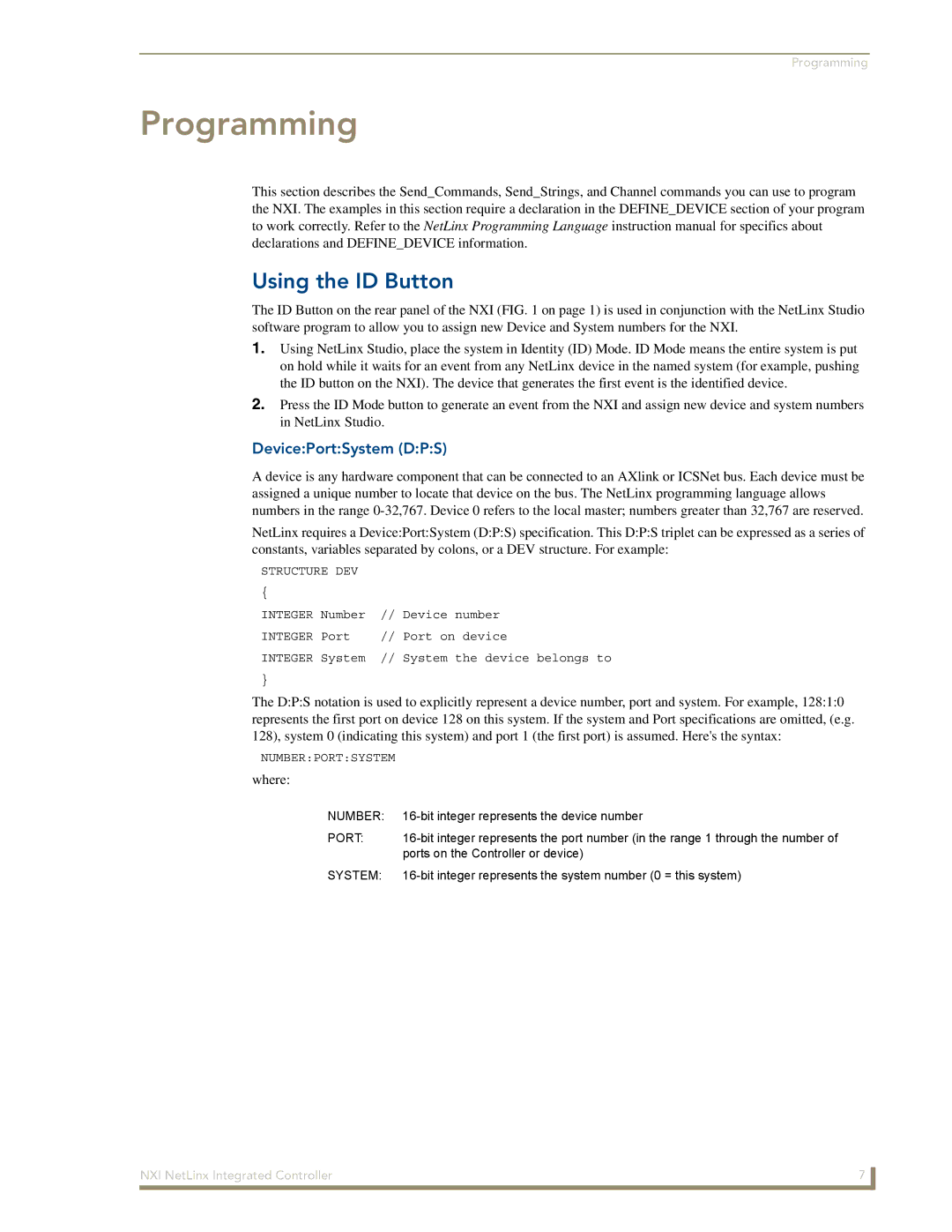 AMX NXI manual Using the ID Button, Structure DEV, Numberportsystem 