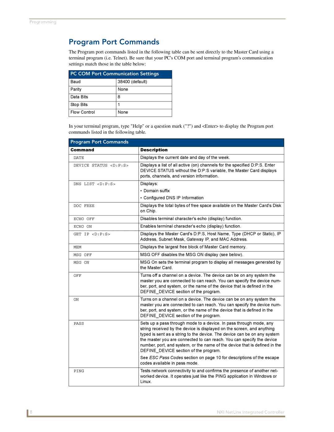 AMX NXI manual Program Port Commands, PC COM Port Communication Settings, Command Description 