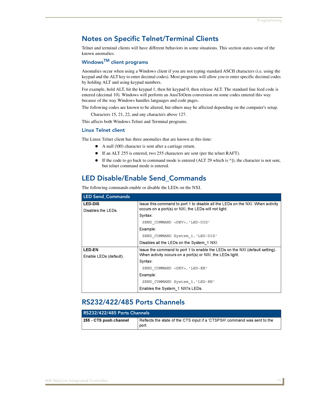 AMX NXI manual LED Disable/Enable SendCommands, RS232/422/485 Ports Channels, LED SendCommands 