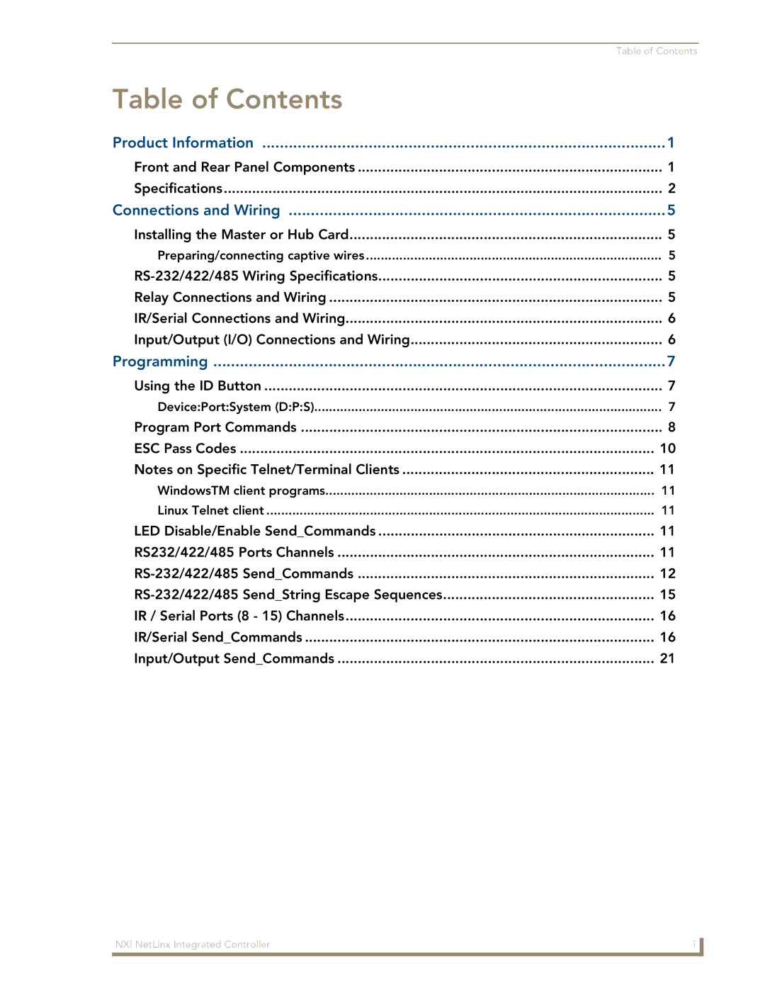 AMX NXI manual Table of Contents 