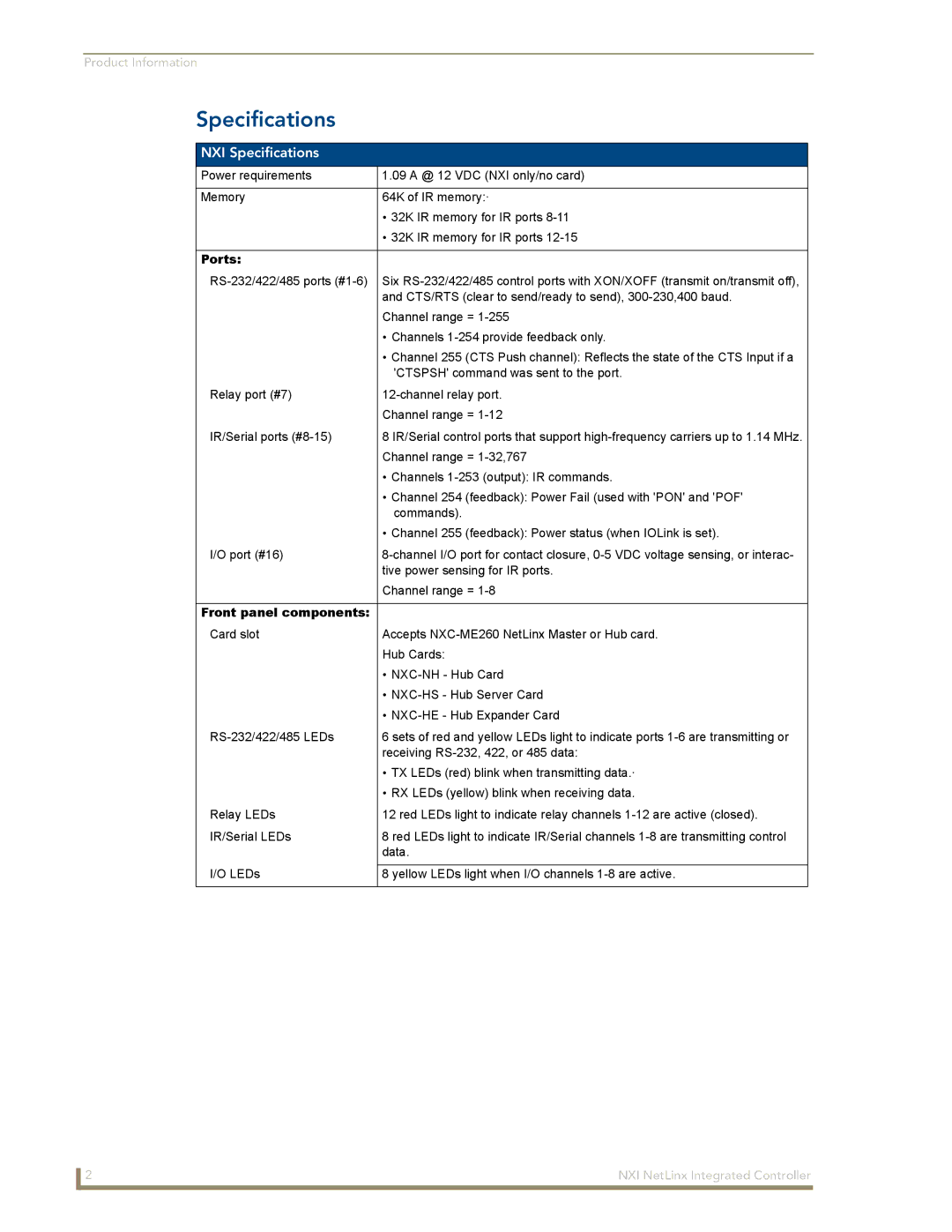 AMX manual NXI Specifications, Ports, Front panel components 