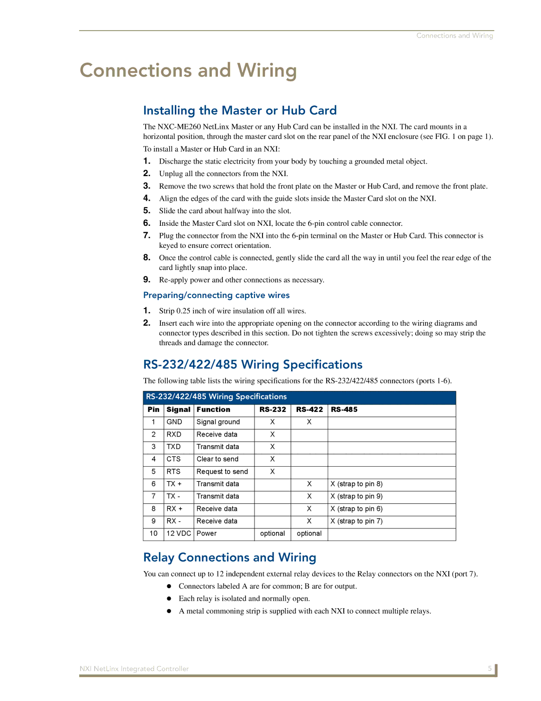 AMX NXI manual Installing the Master or Hub Card, RS-232/422/485 Wiring Specifications, Relay Connections and Wiring 