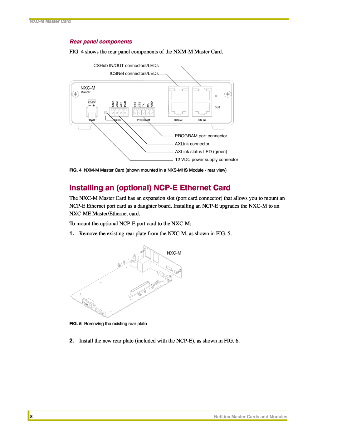 AMX NXM-MHS, NXC-M/ME/MPE instruction manual Installing an optional NCP-E Ethernet Card, Rear panel components 