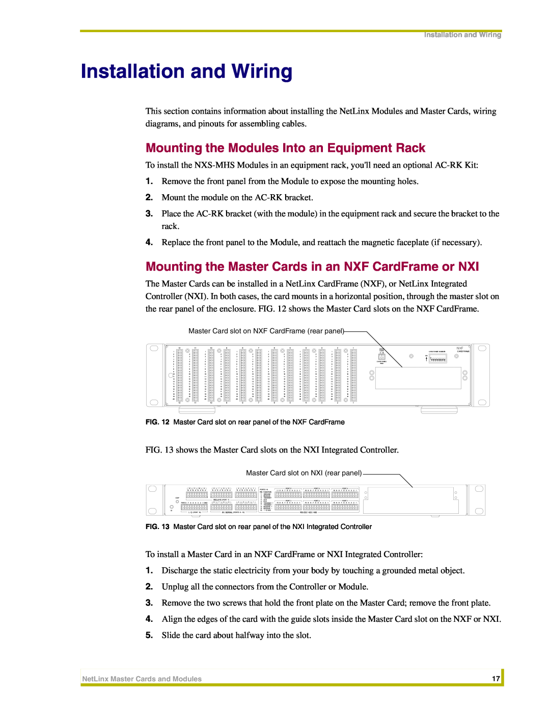 AMX NXC-M/ME/MPE, NXM-MHS instruction manual Installation and Wiring, Mounting the Modules Into an Equipment Rack 