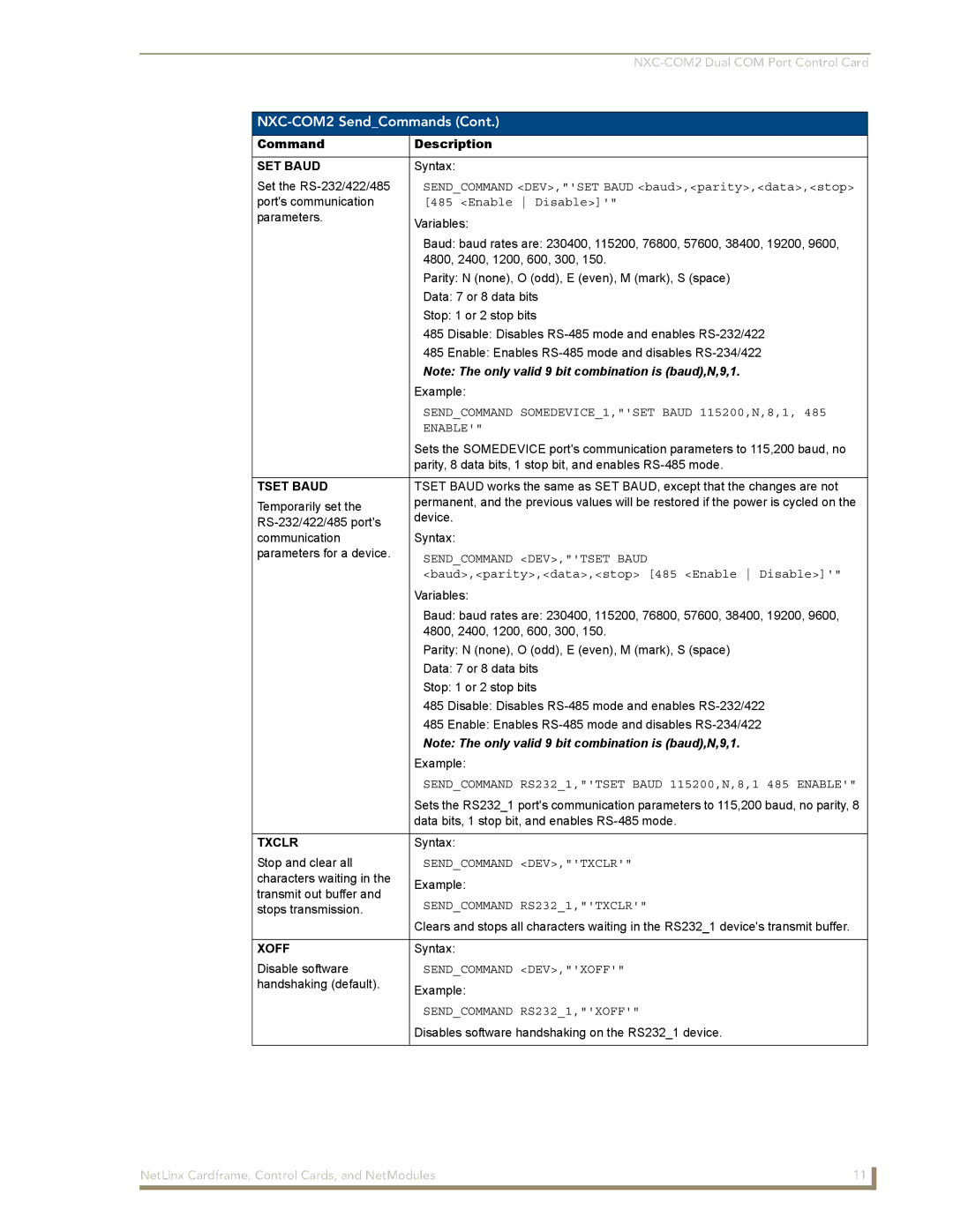AMX NXM Series manual SET Baud, Tset Baud, Txclr, Xoff 
