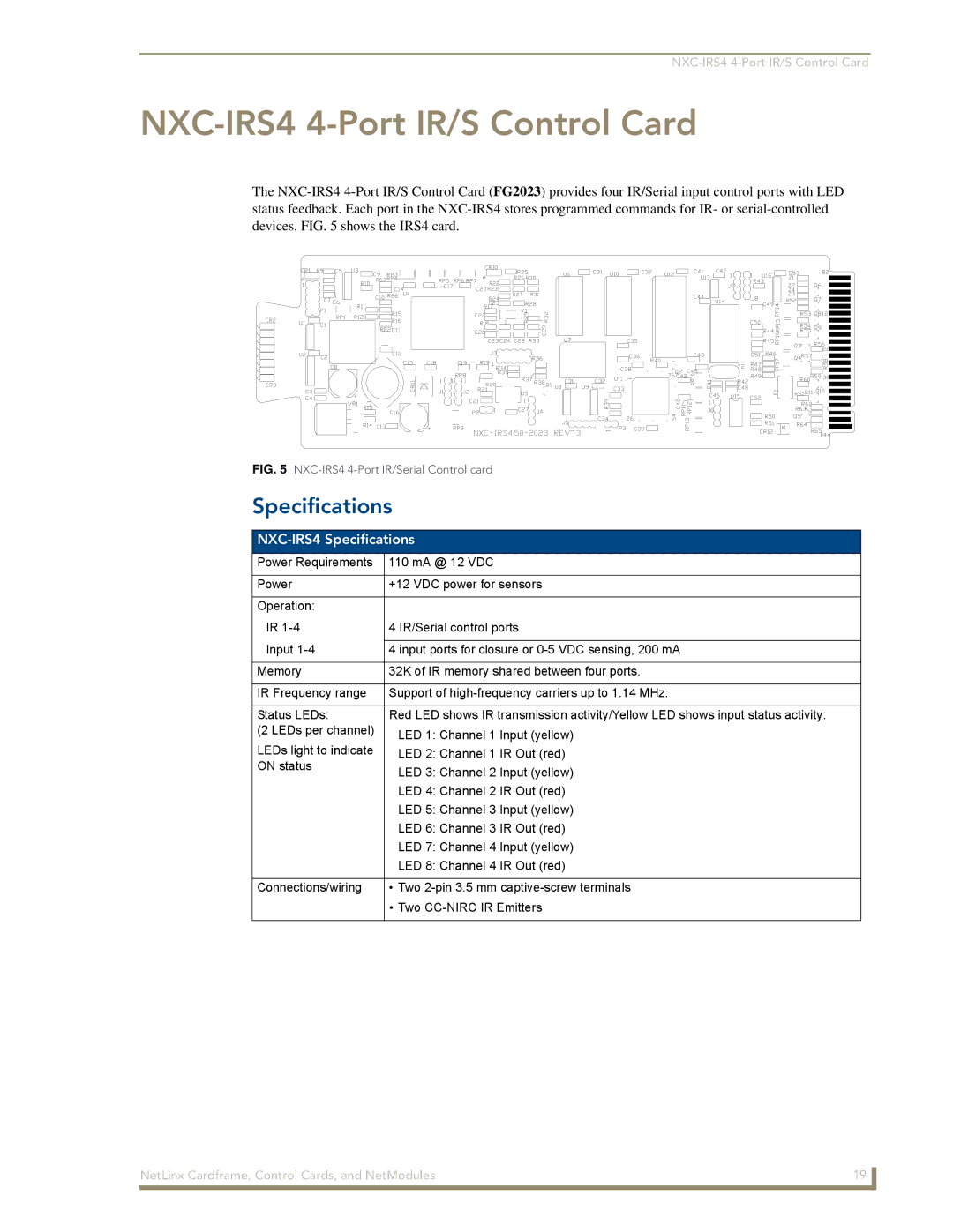 AMX NXM Series manual NXC-IRS4 4-Port IR/S Control Card, NXC-IRS4 Specifications 