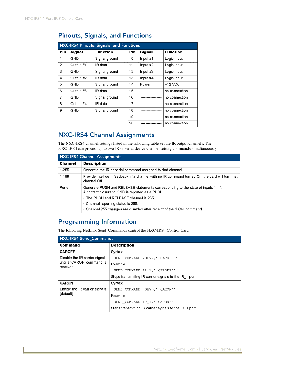 AMX NXM Series manual Pinouts, Signals, and Functions, NXC-IRS4 Channel Assignments, Programming Information 