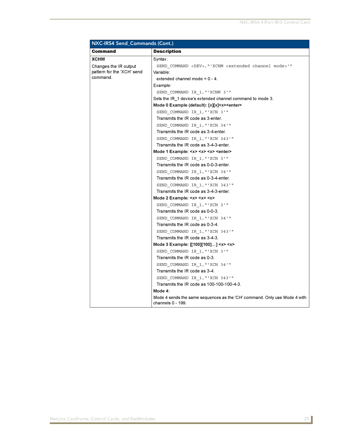 AMX NXM Series manual Xchm, Sendcommand DEV,XCHM extended channel mode, Sendcommand IR1,XCHM 