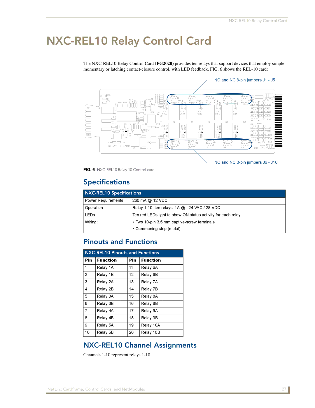 AMX NXM Series manual NXC-REL10 Relay Control Card, Pinouts and Functions, NXC-REL10 Channel Assignments 