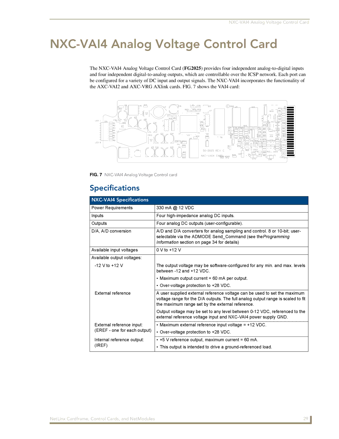 AMX NXM Series manual NXC-VAI4 Analog Voltage Control Card, NXC-VAI4 Specifications 