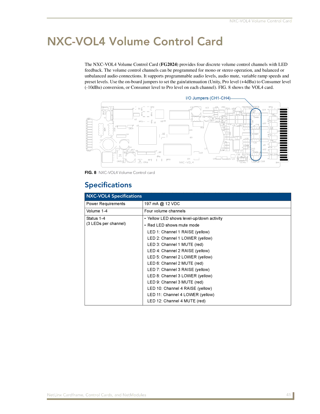 AMX NXM Series manual NXC-VOL4 Volume Control Card, NXC-VOL4 Specifications 