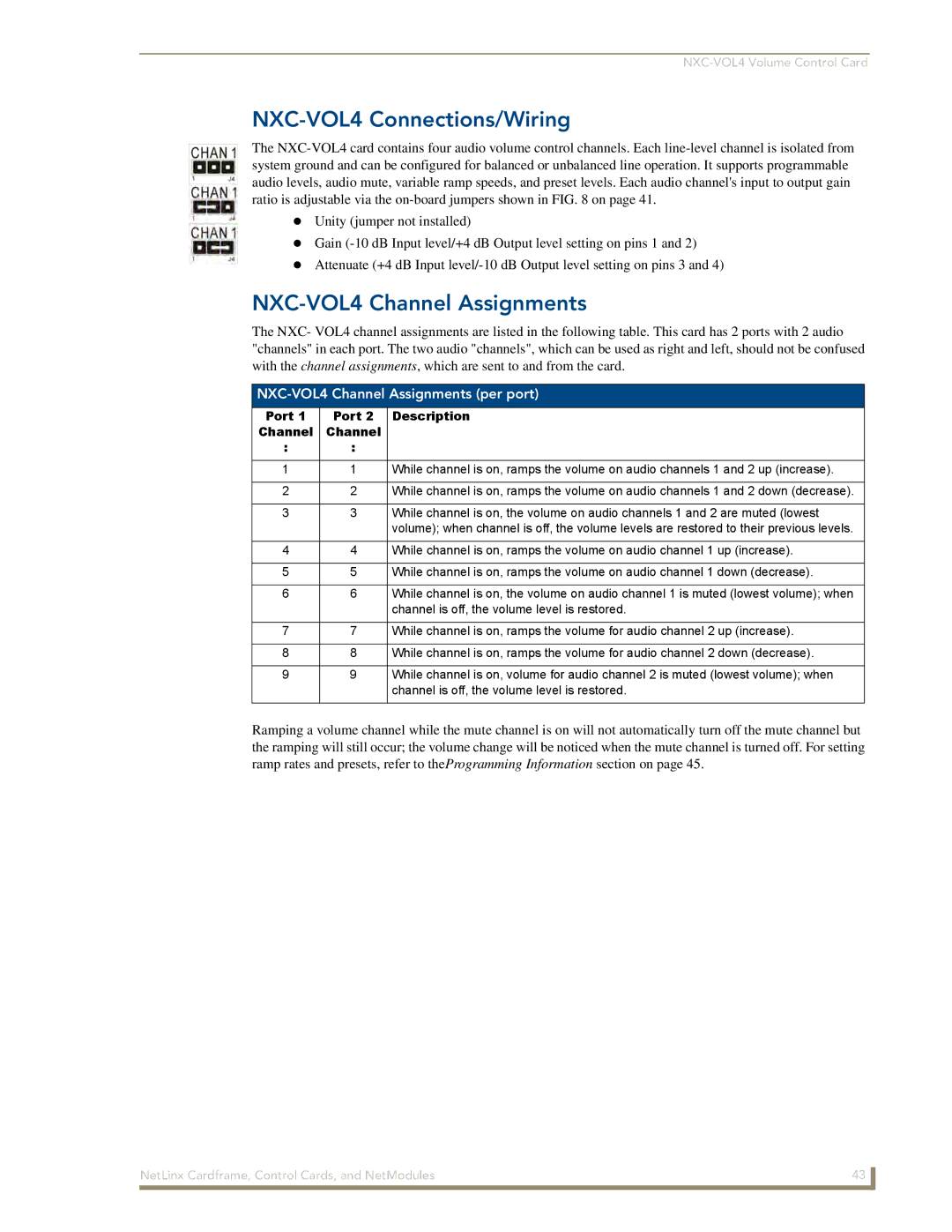 AMX NXM Series NXC-VOL4 Connections/Wiring, NXC-VOL4 Channel Assignments per port, Port Port 2 Description Channel 