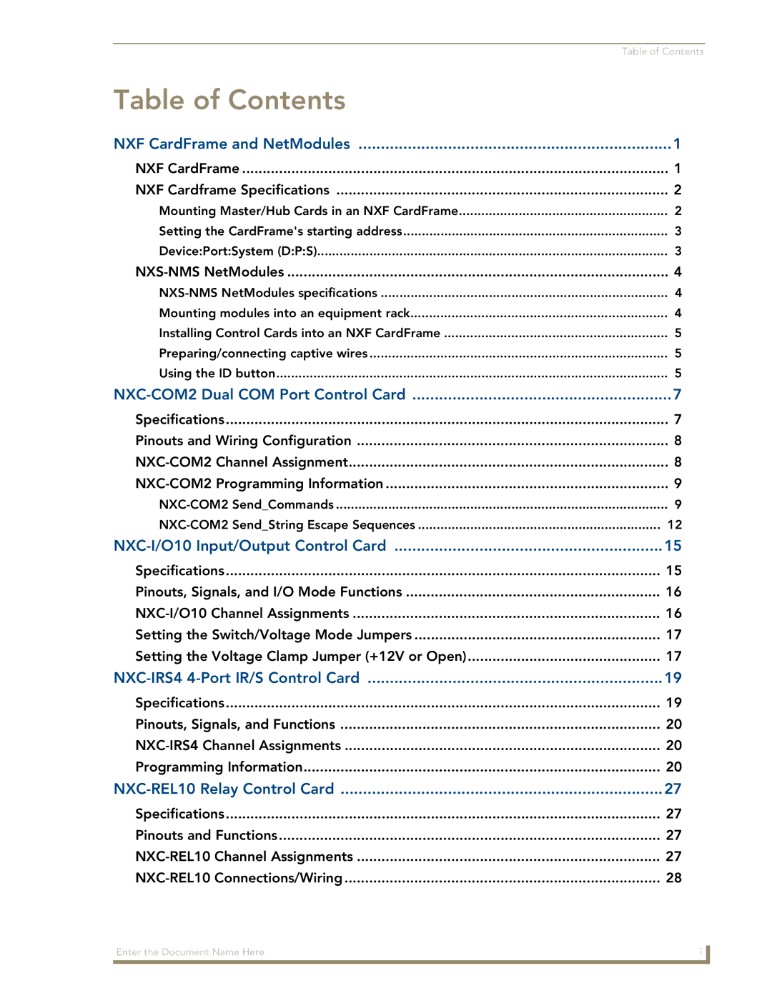 AMX NXM Series manual Table of Contents 