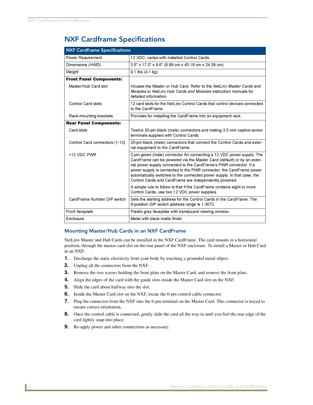 AMX NXM Series manual NXF Cardframe Specifications, Front Panel Components, Rear Panel Components 