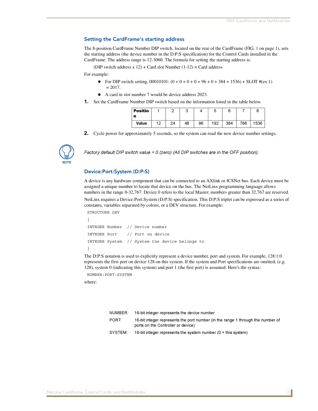 AMX NXM Series manual Positio Value, Structure DEV, Numberportsystem 