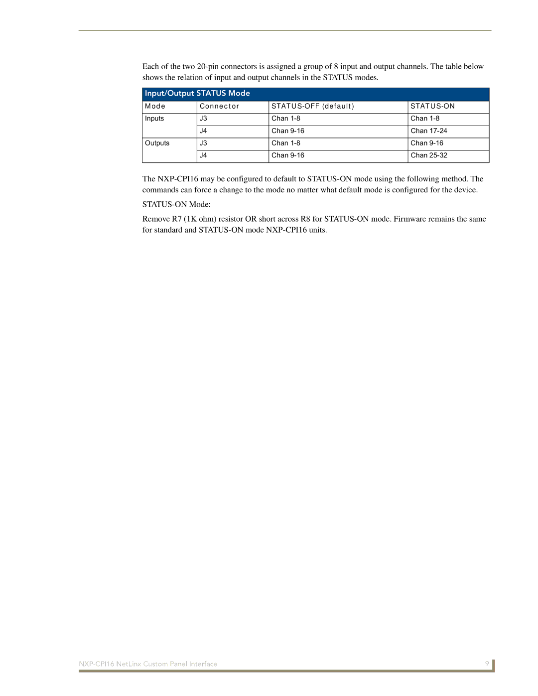 AMX NXP-CPI16 manual Input/Output Status Mode 