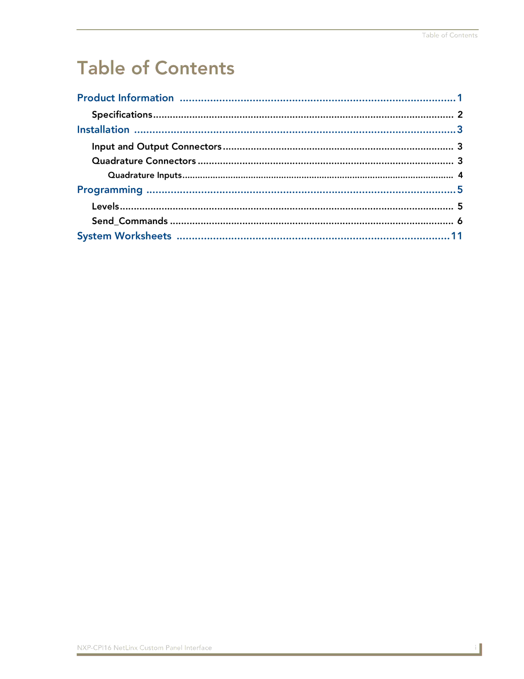 AMX NXP-CPI16 manual Table of Contents 