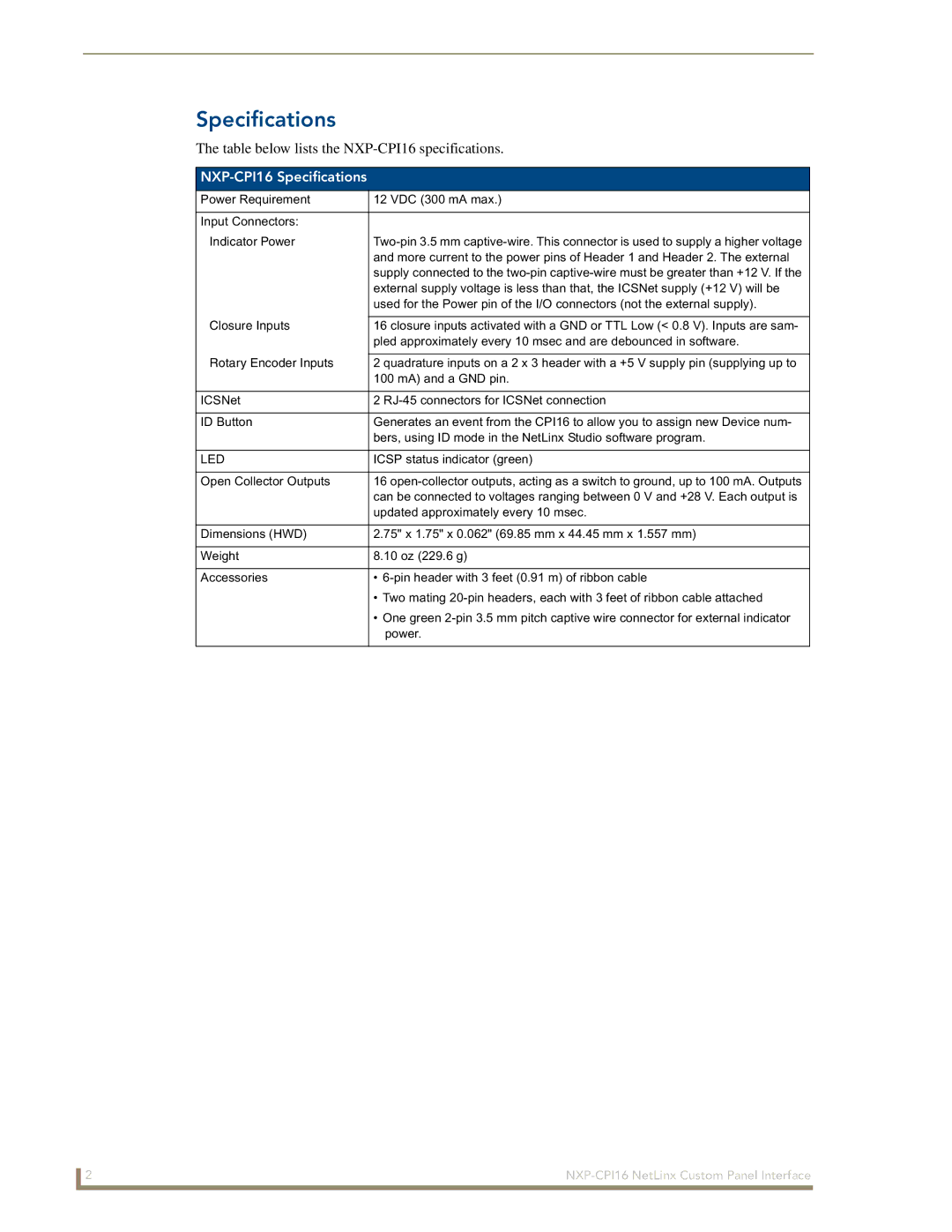 AMX manual NXP-CPI16 Specifications 