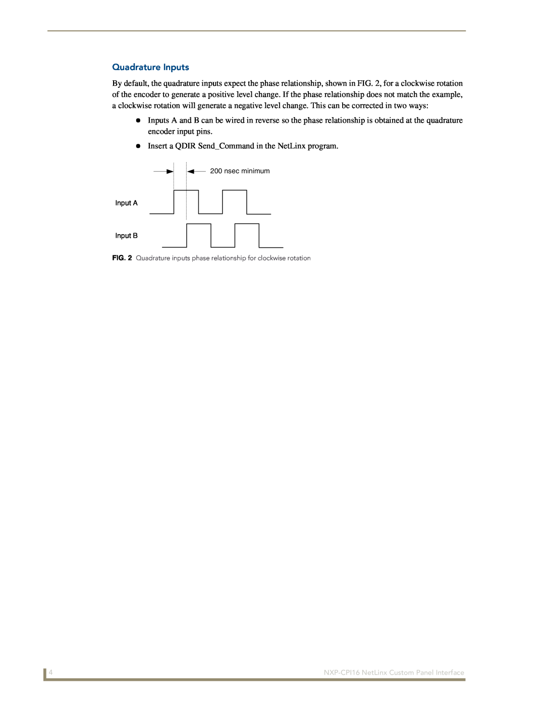 AMX NXP-CPI16 manual Quadrature Inputs, Insert a QDIR SendCommand in the NetLinx program 