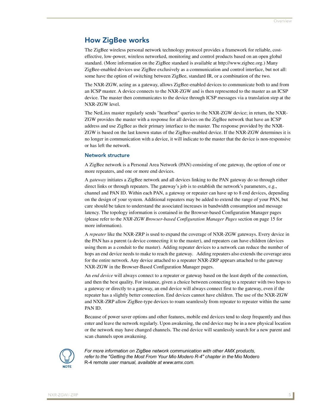 AMX NXR-ZGW/-ZRP manual How ZigBee works, Network structure 