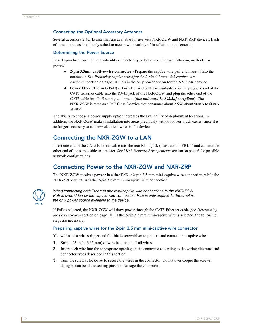 AMX NXR-ZGW/-ZRP manual Connecting the NXR-ZGW to a LAN, Connecting Power to the NXR-ZGW and NXR-ZRP 