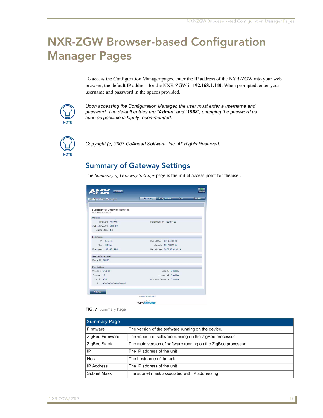 AMX NXR-ZGW/-ZRP manual NXR-ZGW Browser-based Configuration Manager Pages, Summary of Gateway Settings 