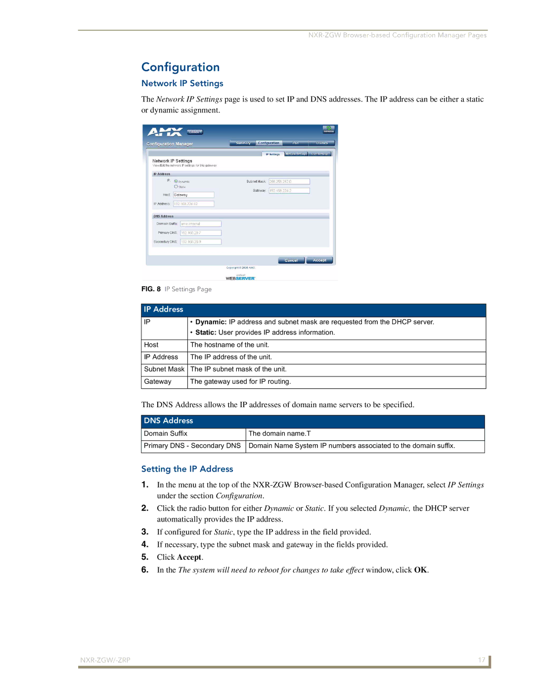 AMX NXR-ZGW/-ZRP manual Configuration, Network IP Settings, Setting the IP Address, DNS Address 