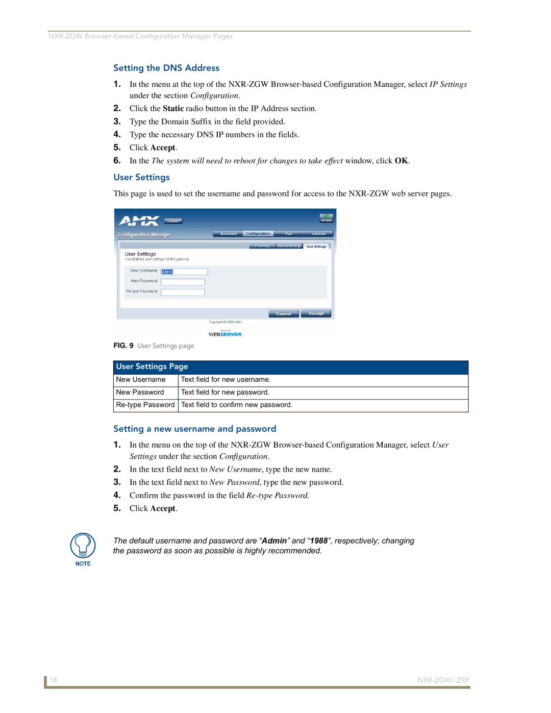 AMX NXR-ZGW/-ZRP manual Setting the DNS Address, User Settings, Setting a new username and password 