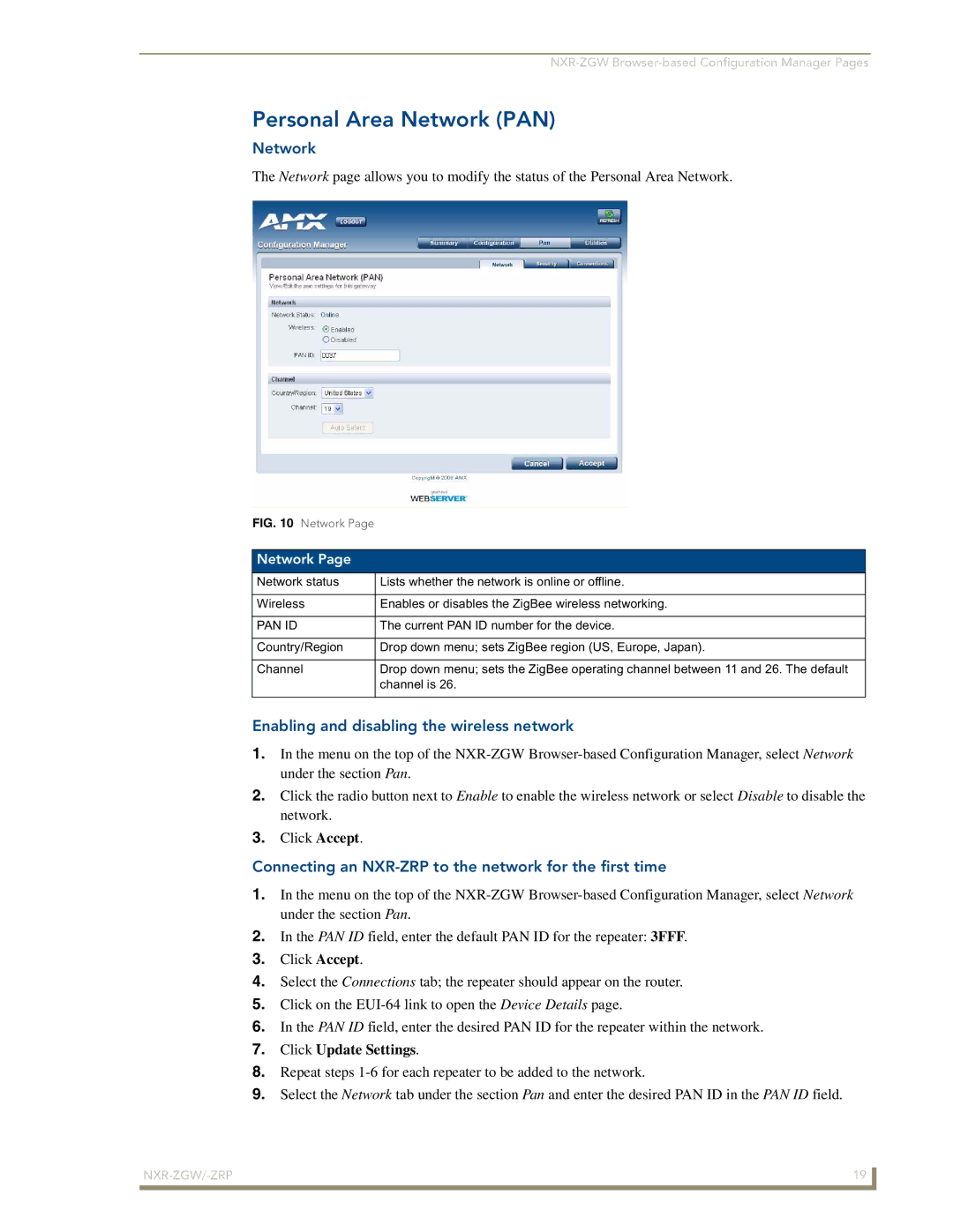 AMX NXR-ZGW/-ZRP manual Personal Area Network PAN, Enabling and disabling the wireless network 