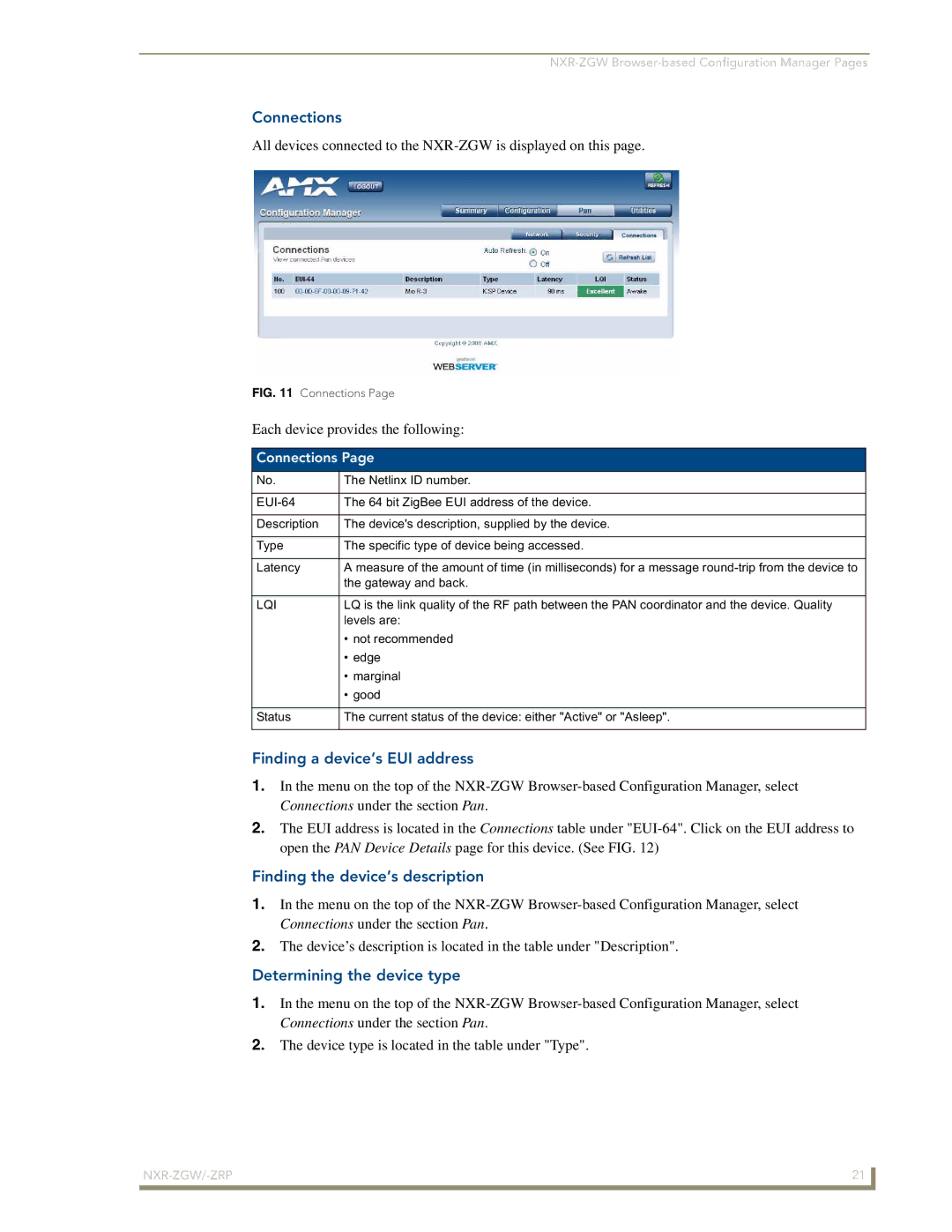 AMX NXR-ZGW/-ZRP manual Connections, Finding a device’s EUI address, Finding the device’s description 