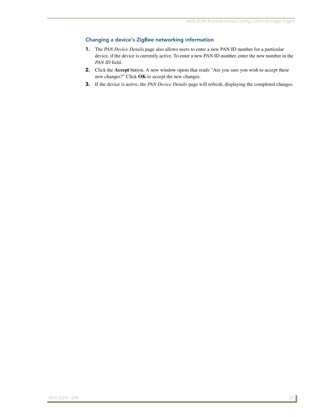 AMX NXR-ZGW/-ZRP manual Changing a device’s ZigBee networking information 