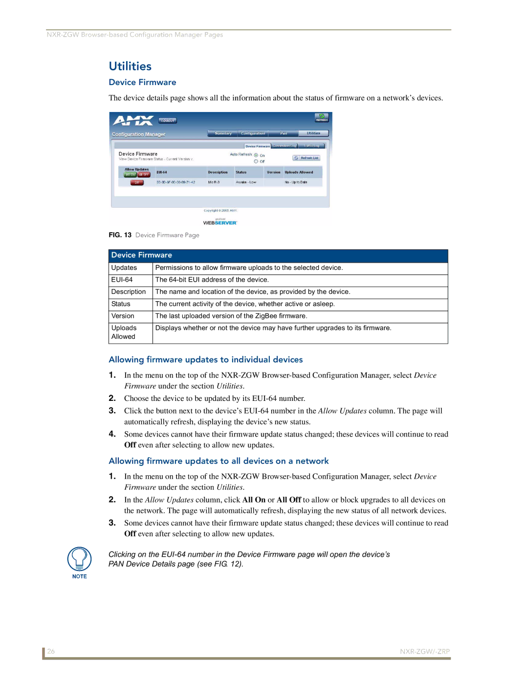 AMX NXR-ZGW/-ZRP manual Utilities, Device Firmware, Allowing firmware updates to individual devices 