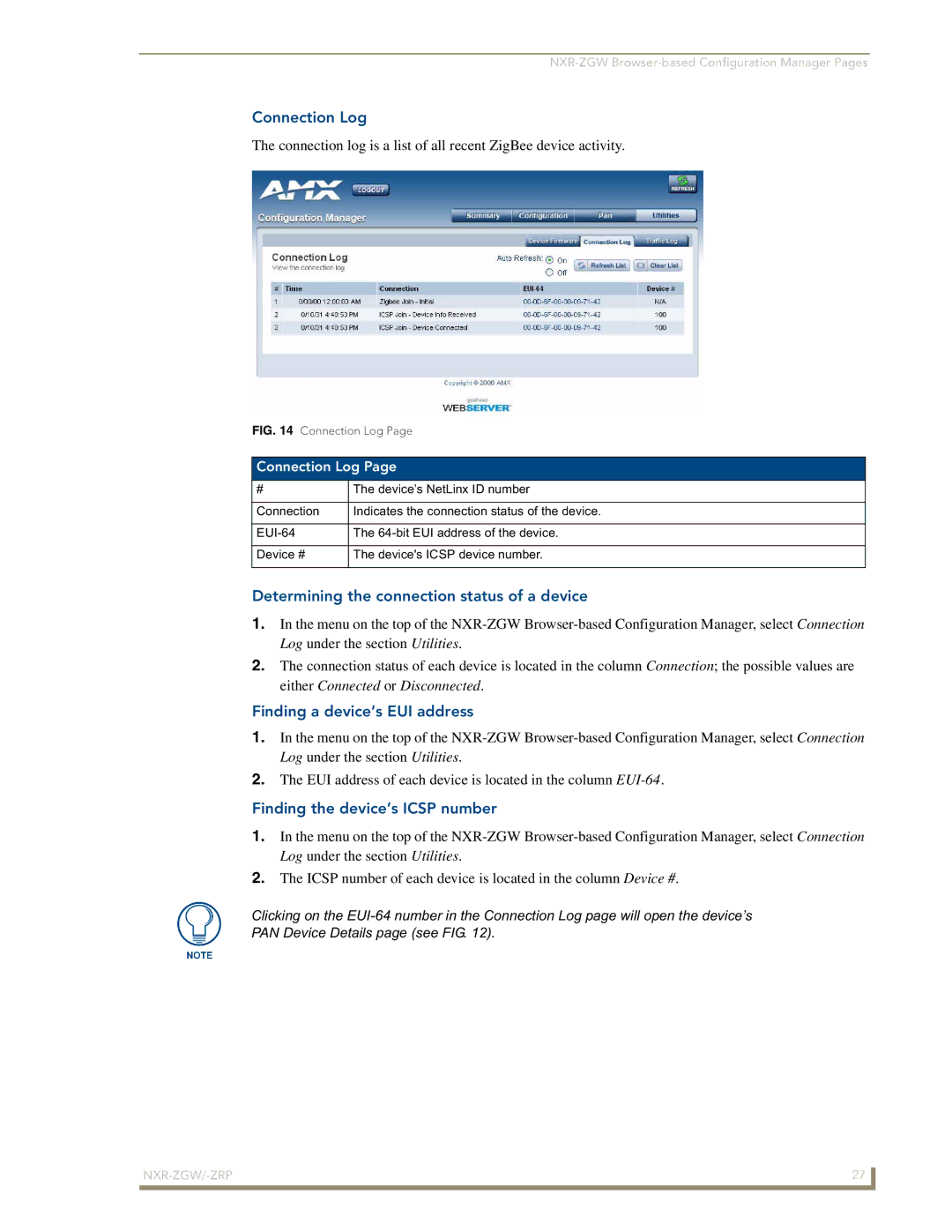 AMX NXR-ZGW/-ZRP manual Connection Log, Determining the connection status of a device, Finding the device’s Icsp number 