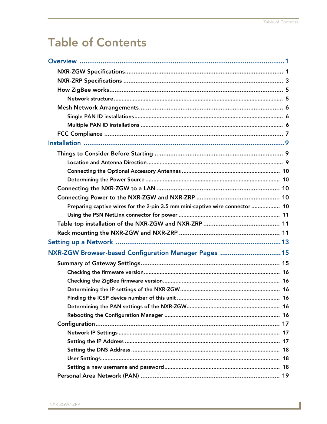 AMX NXR-ZGW/-ZRP manual Table of Contents 