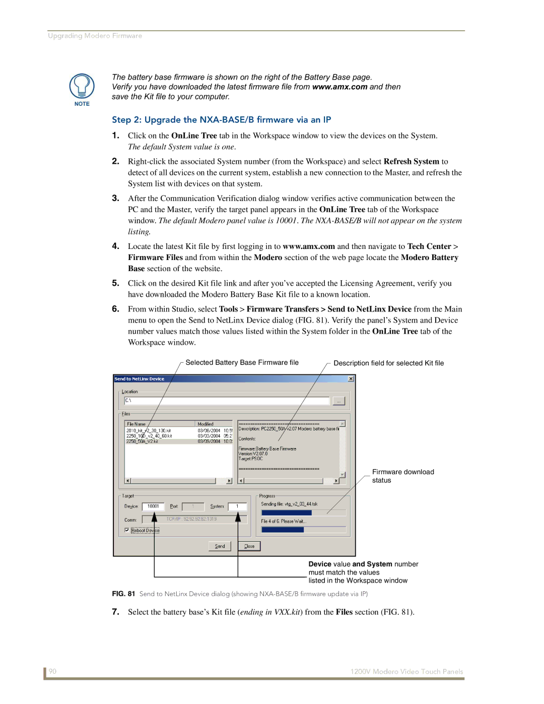 AMX NXT-1200V manual Upgrade the NXA-BASE/B firmware via an IP, Device value and System number must match the values 