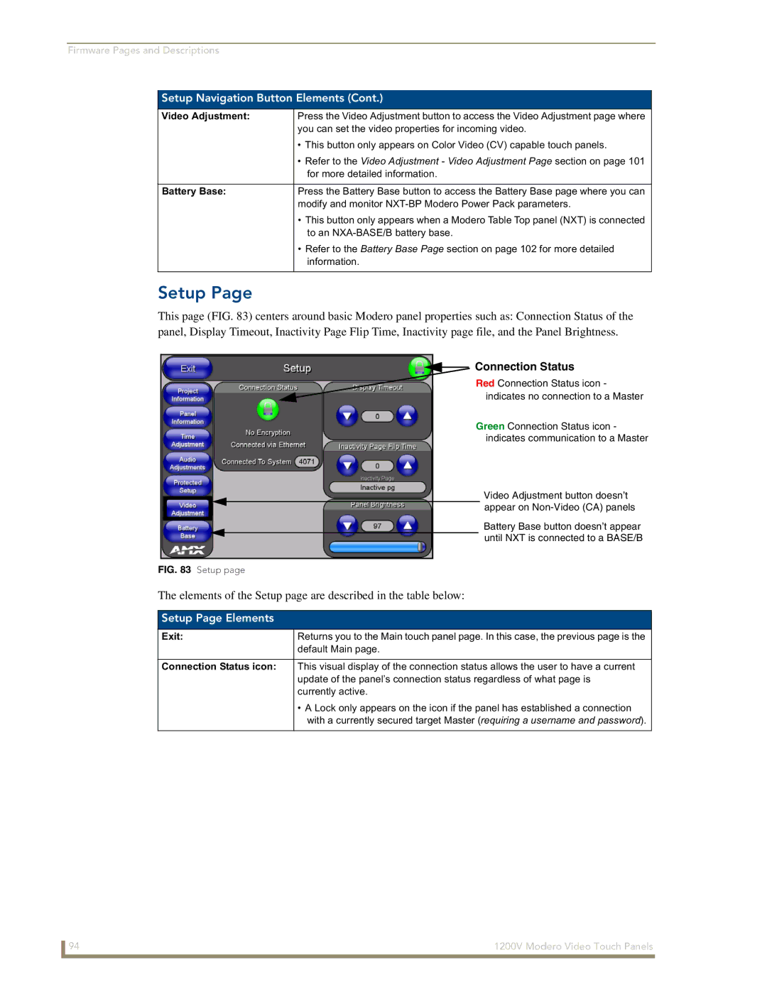 AMX NXT-1200V manual Setup Page Elements 