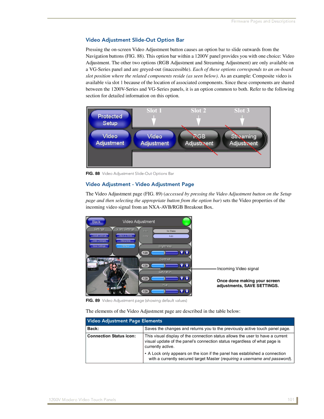 AMX NXT-1200V Video Adjustment Slide-Out Option Bar, Video Adjustment Video Adjustment, Video Adjustment Page Elements 