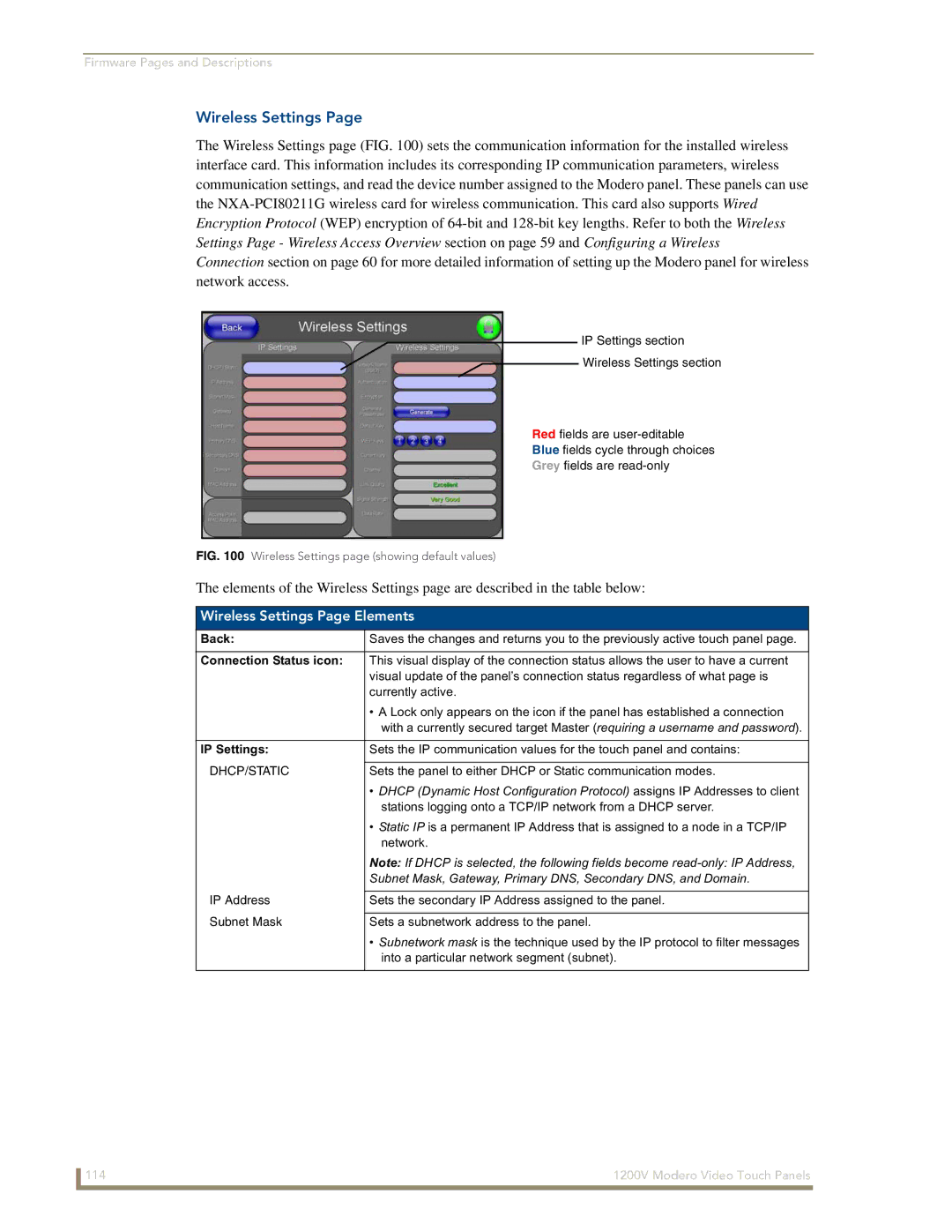 AMX NXT-1200V manual Wireless Settings Page Elements, IP Settings 