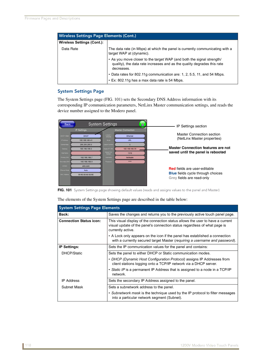 AMX NXT-1200V manual System Settings Page Elements 