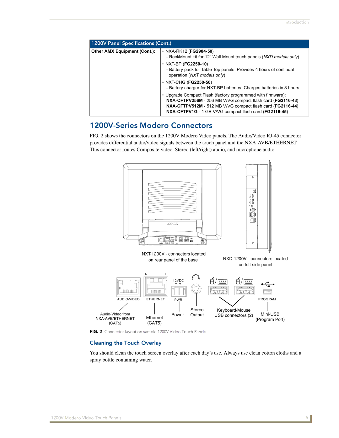 AMX NXT-1200V manual 1200V-Series Modero Connectors, Cleaning the Touch Overlay 