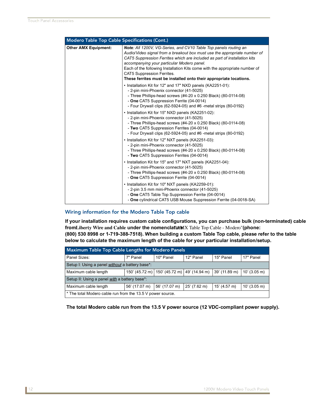 AMX NXT-1200V manual Wiring information for the Modero Table Top cable, Maximum Table Top Cable Lengths for Modero Panels 