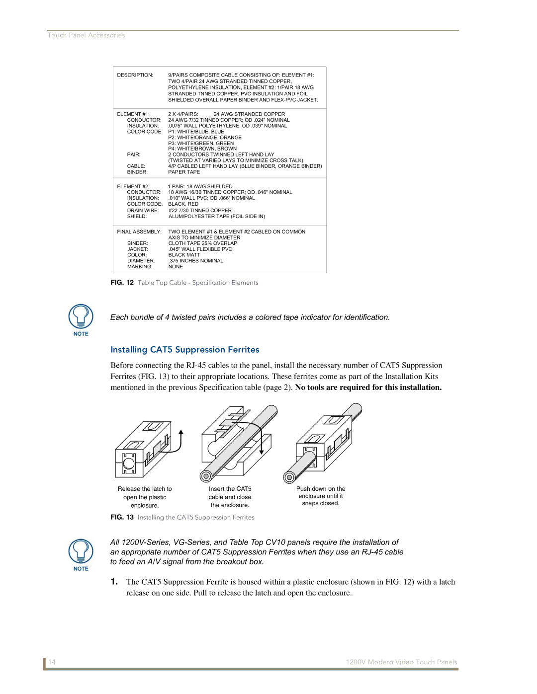 AMX NXT-1200V manual Installing CAT5 Suppression Ferrites, Table Top Cable Specification Elements 