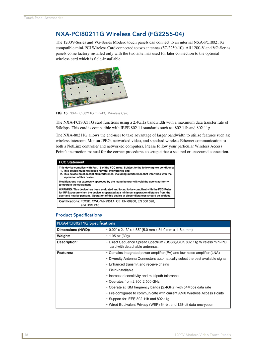 AMX NXT-1200V manual NXA-PCI80211G Wireless Card FG2255-04, NXA-PCI80211G Specifications, Description 