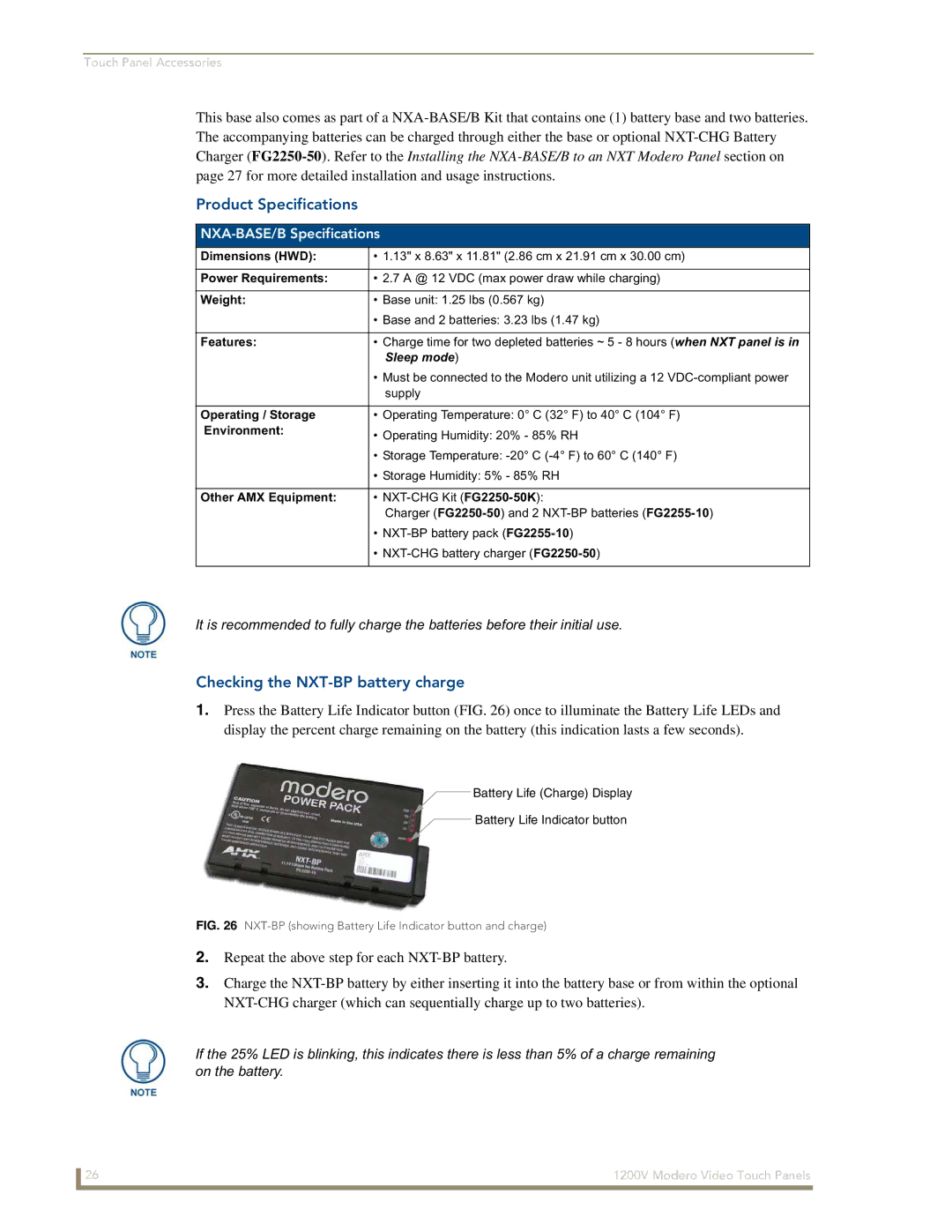 AMX NXT-1200V manual Checking the NXT-BP battery charge, NXA-BASE/B Specifications 